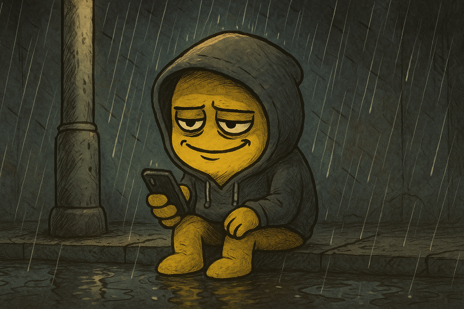 WOLY under a street lamp, raining